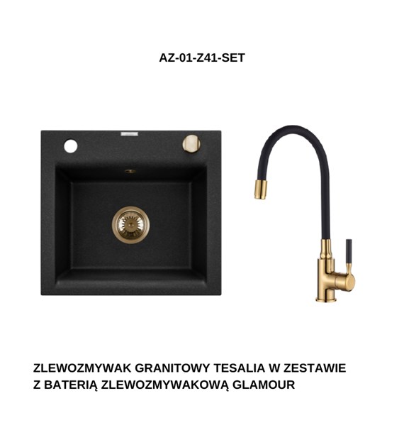 ZLEW GRANIT 1K TESALIA CZARNY Z ZŁOTYM SYF AUT