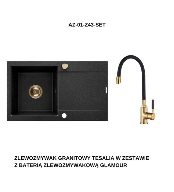 ZLEW GRANIT 1K TESALIA CZARNY Z ZŁOTYM SYF AUT
