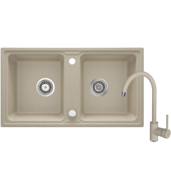 ZLEWOZMYWAK GRANITOWY Z BATERIĄ 2-KOMOROWY PIASEK